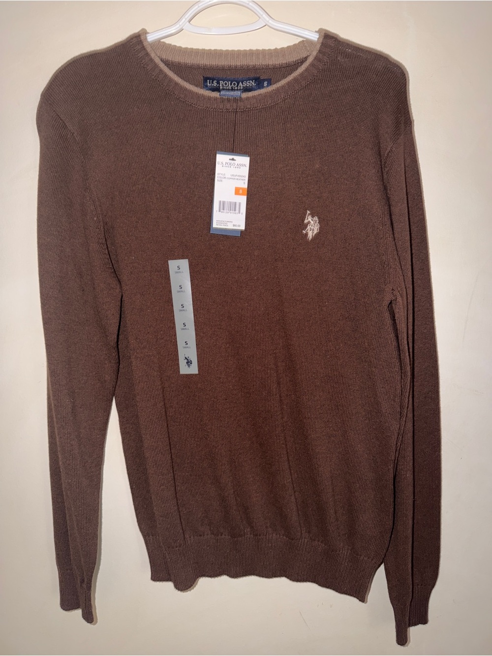 NWT U.S. Polo Assn. Soft Cotton Knit Crew Neck Sweater Copper Heather Mens Small